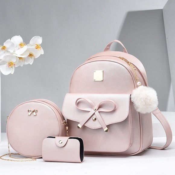 New Pink Bowknot Mini Backpack Set 3 pcs Trendy & Fashion - Picture 1 of 7